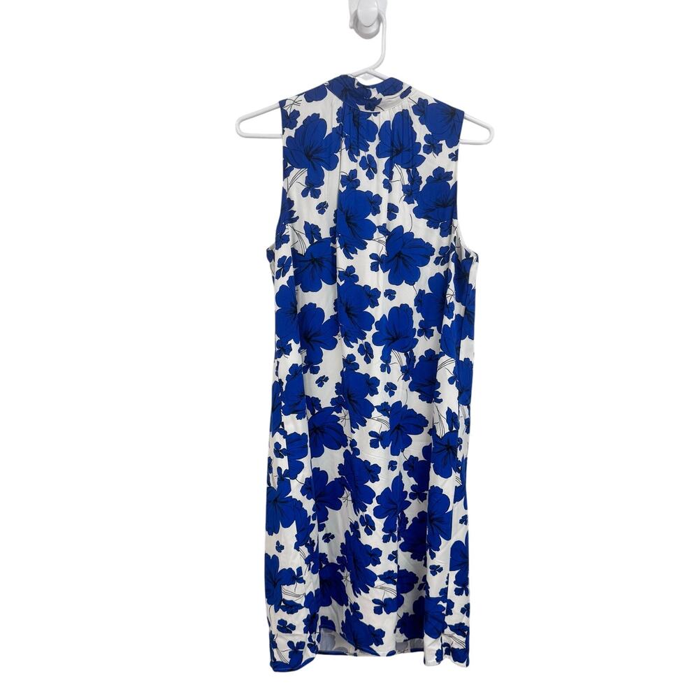 Ann Taylor Factory Sleeveless Blue White Floral Tie Neck Shift Dress Women Small
